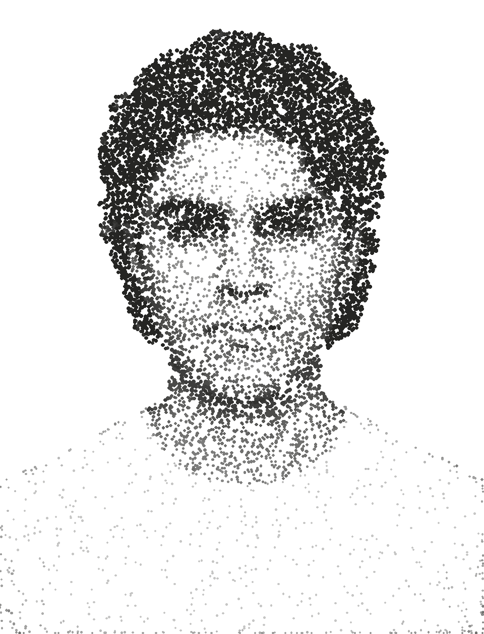 A portrait of Muhammad drawn in small ink dots.